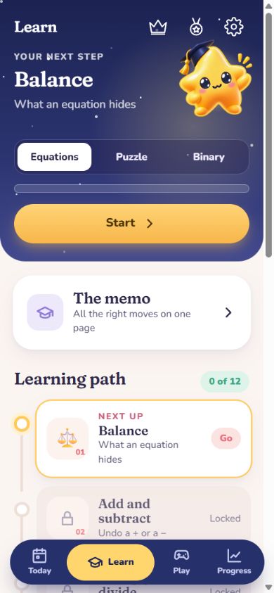 Learn screen: Nova in a graduation cap, the Balance lesson and the equation learning path.