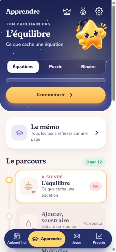 Écran Apprendre : Nova en professeur, leçon sur l’équilibre et parcours des équations.