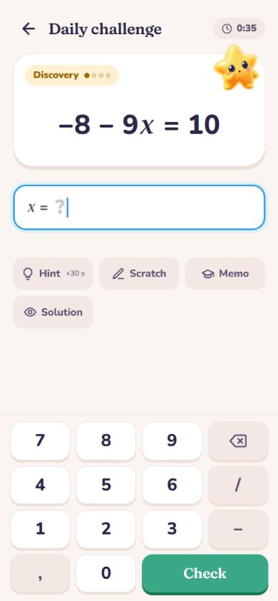 Daily challenge screen: −8 − 9x = 10, Nova, hints and an answer keypad.