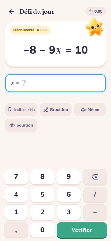 Écran du défi : équation −8 − 9x = 10, Nova, indices et clavier de réponse.