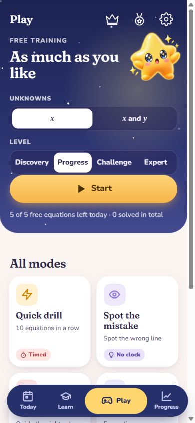Play screen: training, difficulty levels, Quick drill and Spot the mistake.