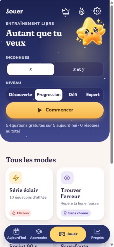 Écran Jouer : entraînement, choix du niveau, série éclair et recherche d’erreurs.